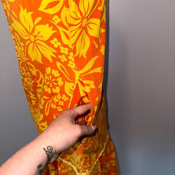 Vtg 60s Orange Yellow Hawaiian Drop Waist Floral Sun Dress Size Medium Womens - Picture 3 of 6